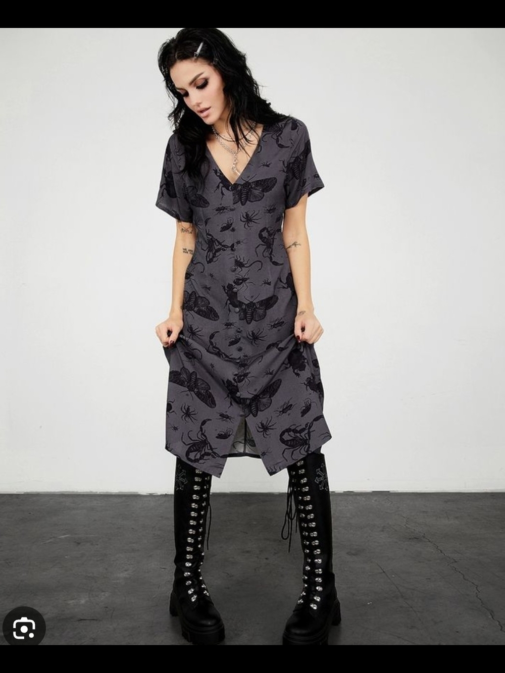 Diaturbia Gothic Bug Print Midi Dress in Charcoal Gray